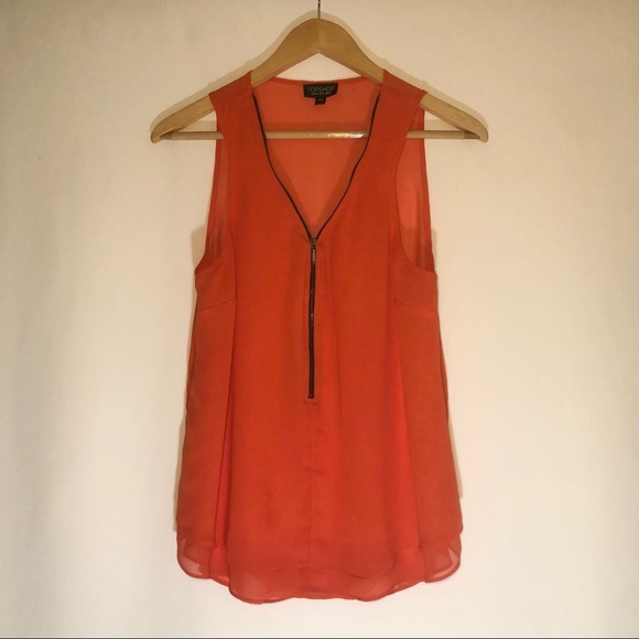 TOPSHOP SLEEVLESS SHEER BLOUSE TOP ZIP UP US 8 ORANGE - Picture 1 of 6